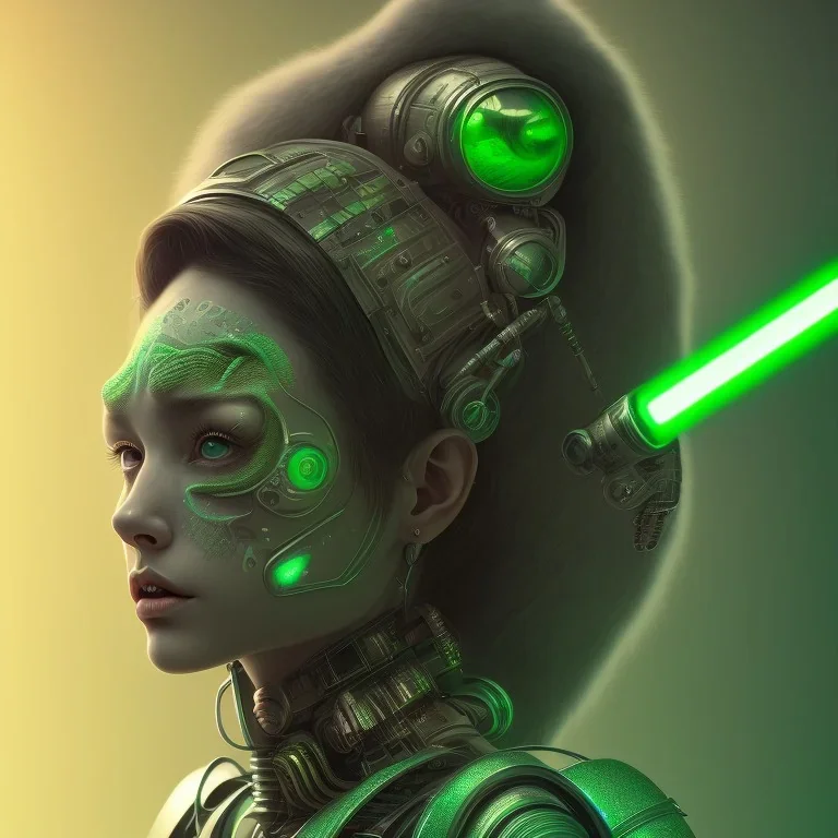 A beautiful portrait of a single minded cute cyberpunk woman, wolf haircut lime green color scheme, high key lighting, volumetric light high details with a lizard like alien with feathers and claws, 3/4 torso. Portrait with a light saber and single solid chestplate