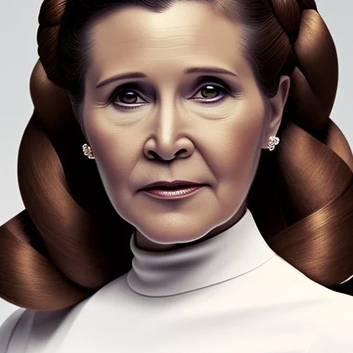 extremely detailed 8k hyperspace wallpaper,complete and photo realistic detailed head to waist stunning photo realistic portrait of carrie fisher as Princess Leia in star wars with photo realistic minimal updo hair , brown eyes, professional majestic oil painting by Ed Blinkey, Atey Ghailan, by Jeremy Mann, Greg Manchess, Antonio Moro, trending on ArtStation, Intricate, High Detail, Sharp focus, dramatic, by greg rutkowski, realism, beautiful and detailed lighting, shadows