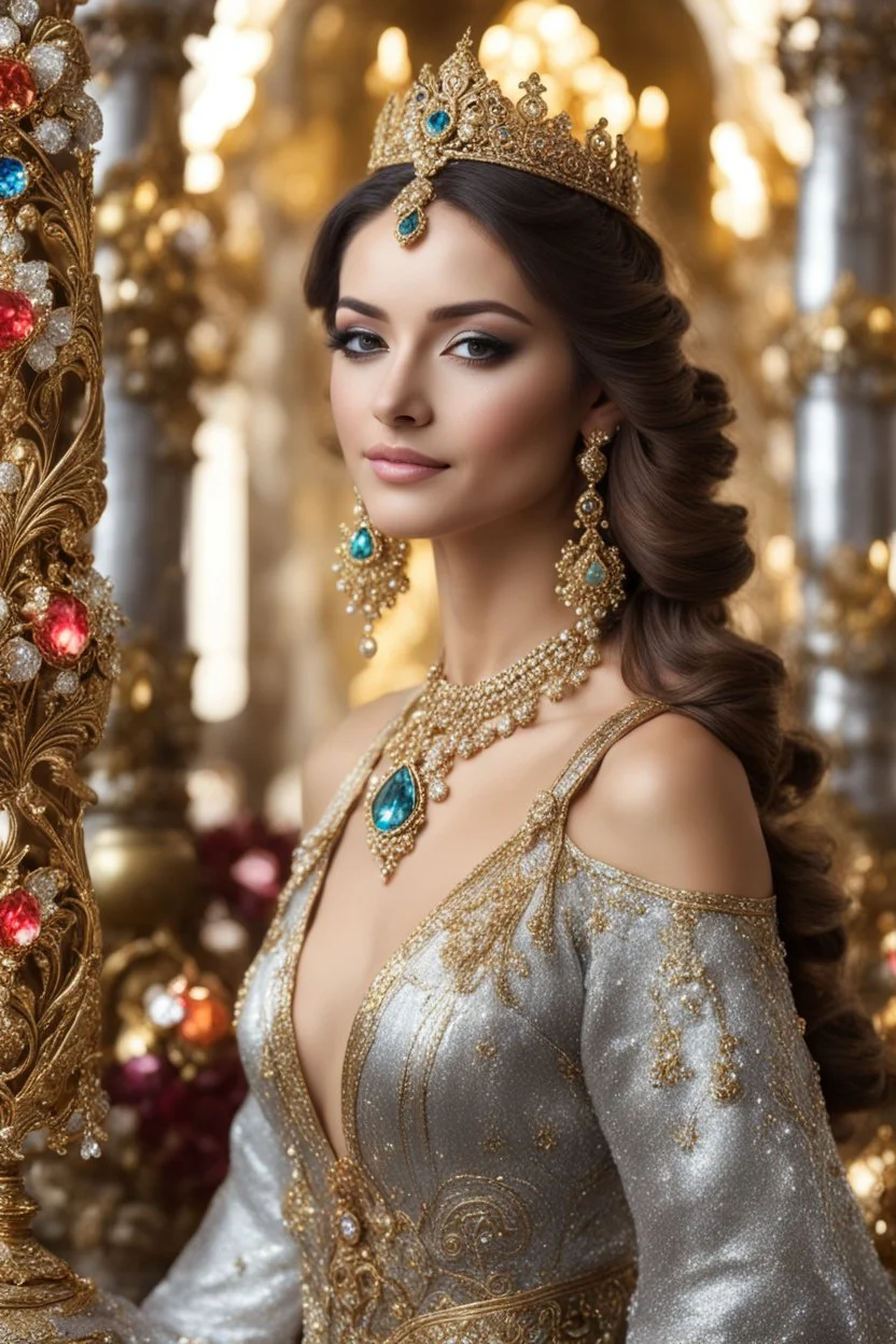 Stand pose gorgeous photography art,cinematic realistic colors,soft blur lens focus dslr,natural beauty, of young woman, smiling, beautiful, shiny grey eyes, make up,Queen Persian style, shiny baubles, ornate, large gemstones, shiny molten metalics, shiny ornaments flowers pattern golden,full jewelrys diamonds bright shining,brown hair, high definition,in luxury castle background