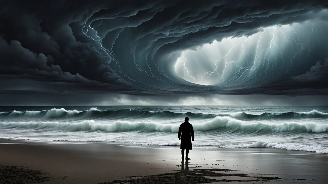 A lone figure stands on a deserted beach, gazing out at a turbulent ocean under a stormy sky. The figure's silhouette is stark against the dramatic backdrop, emphasizing a sense of isolation. The inner world is suggested by subtle, swirling colors within the silhouette, contrasting with the harsh reality of the external environment. Rendered in a photorealistic style with intense atmospheric lighting, capturing the raw power of nature and the quiet solitude, surreal, weird