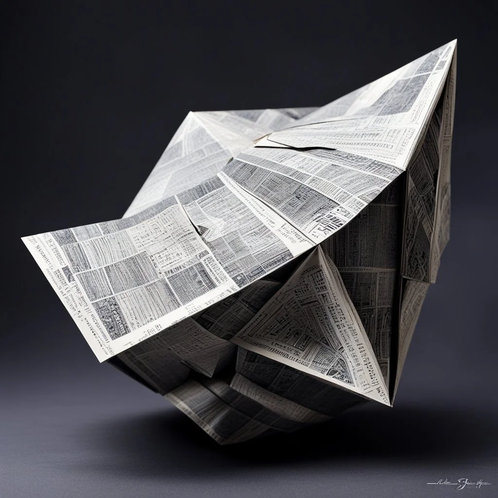 [in outer space with celestial objects by Rogelio Bernal Andreo] Creating an origami satellite made of newspapers? Now that's a challenge. Imagine folding the newspaper pages with precision, forming intricate creases to mold the shape of a satellite floating in space. The black and white print of the newspaper adds a unique texture to the origami creation, giving it a rustic and artistic look. The satellite's solar panels delicately crafted from news headlines, its antennas made from classified