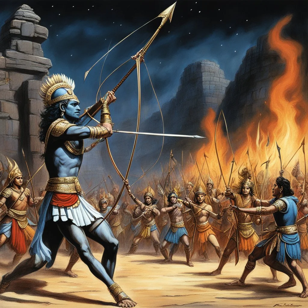 [art by Ray Harryhausen] the archery contest in the Mahabharata, where Arjuna's skills with the bow and arrow shine brightly, is a moment of both awe and jealousy. Let me recount the details of this remarkable event where Arjuna's prowess dazzles all who witness it, especially stoking the flames of jealousy in Duryodhana's heart.