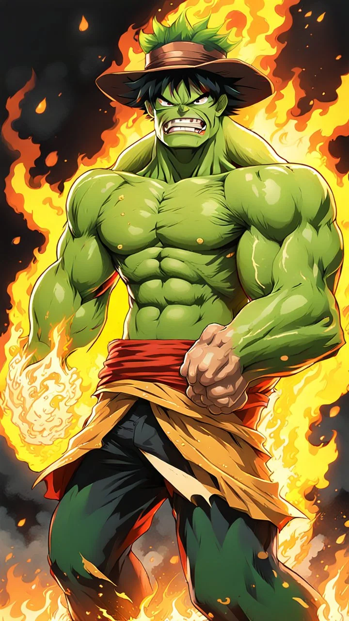 Hulk LIKE LUFFY WITH MANGA STYLE AND LIGHTENING BACKGROUND +DRAGON BODY + FIRE + YELLOW HAT