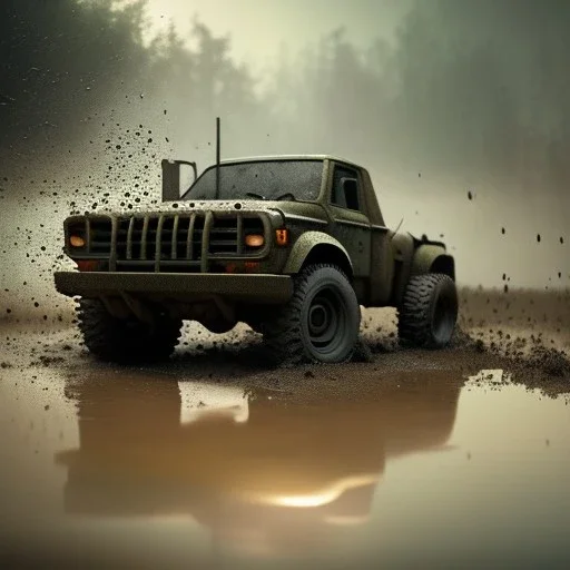 hyperrealistic shot, muddy military toy truck, monotone color palette, sharp focus, puddle reflection, tire water splash, refraction, mist on the horizon, shadowcast, detailed and intricate, cinematic composition, micro, tilt shift photography