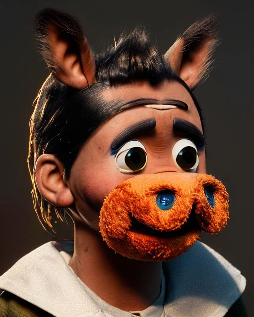 Waist up portrait, hybrid character, waitress British woman with classic muppet mask that covers her entire head and face, Sesame Street style, punk style, short shirt, tray, beer, old school tattoo, hot, smooth, unreal engine 5, god lights, ray tracing, RTX, lumen lighting, ultra detail, volumetric lighting, 3d.