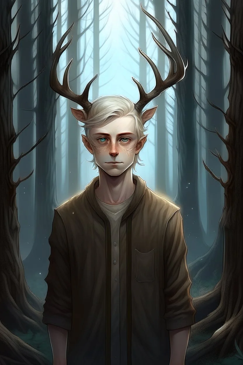 A mysterious portrait of a teen boy a with elegant antlers standing amongst a tall trees in a dark forest, pale skin, long silver hair, lean and athletic, simple clothing, dark background, glowing light above, delicate line work, intricate details,