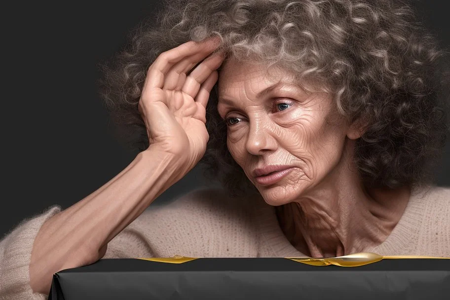 Generate an 8K UHD image of a 65-year-old skinny, curly-haired lady eagerly unwrapping a massive gift. Delicate hands embrace the present, her right hand holding a large, shiny piece of coal. Her face, a masterpiece of contradictions—wrinkled forehead and squinted eyes betray trapped desperation, while her wide-open mouth emits a scream of rage so intense that saliva flies. Capture the collision of emotions, depicting the woman on the brink of joy and desperation as she confronts the culmination