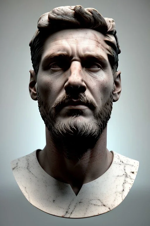 Ultra Realistic image, Roman sculpture bust, clean white marble material, Lionel Messi, gold crown of thorns, renaissance ornaments, one gold star, gradient background, cinematic lighting, god light, 4k resolution, smooth details, ornate details, soft lighting, unreal engine 5, art station, substance 3d.