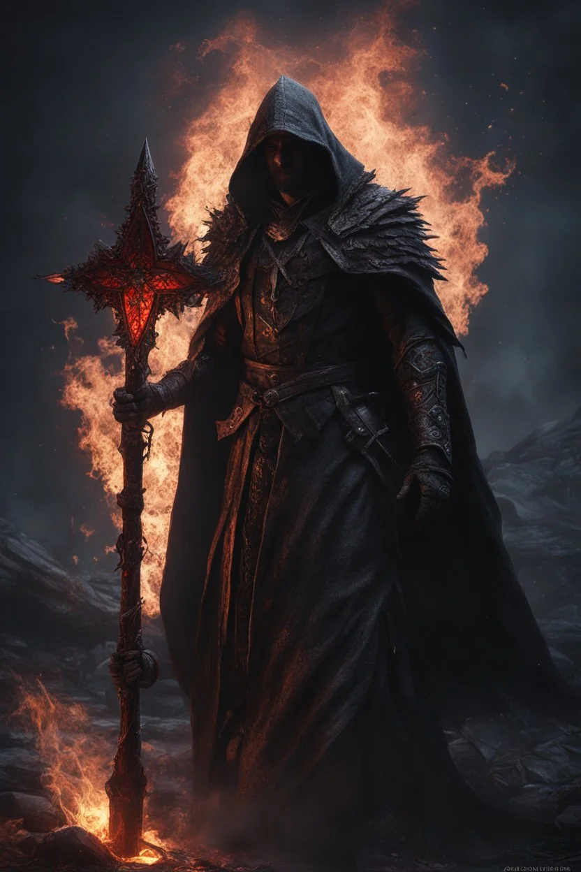 the blood covered sorcerer known as The Shadow of Death using the staff of undeath. black rotting fire. undeads. fantasy art, Cinematic lighting, Volumetric lighting, Epic composition, Photorealism, Bokeh blur, Very high detail, Sony Alpha α7, ISO1900, Character design, Unreal Engine, Octane render, HDR, Subsurface scattering