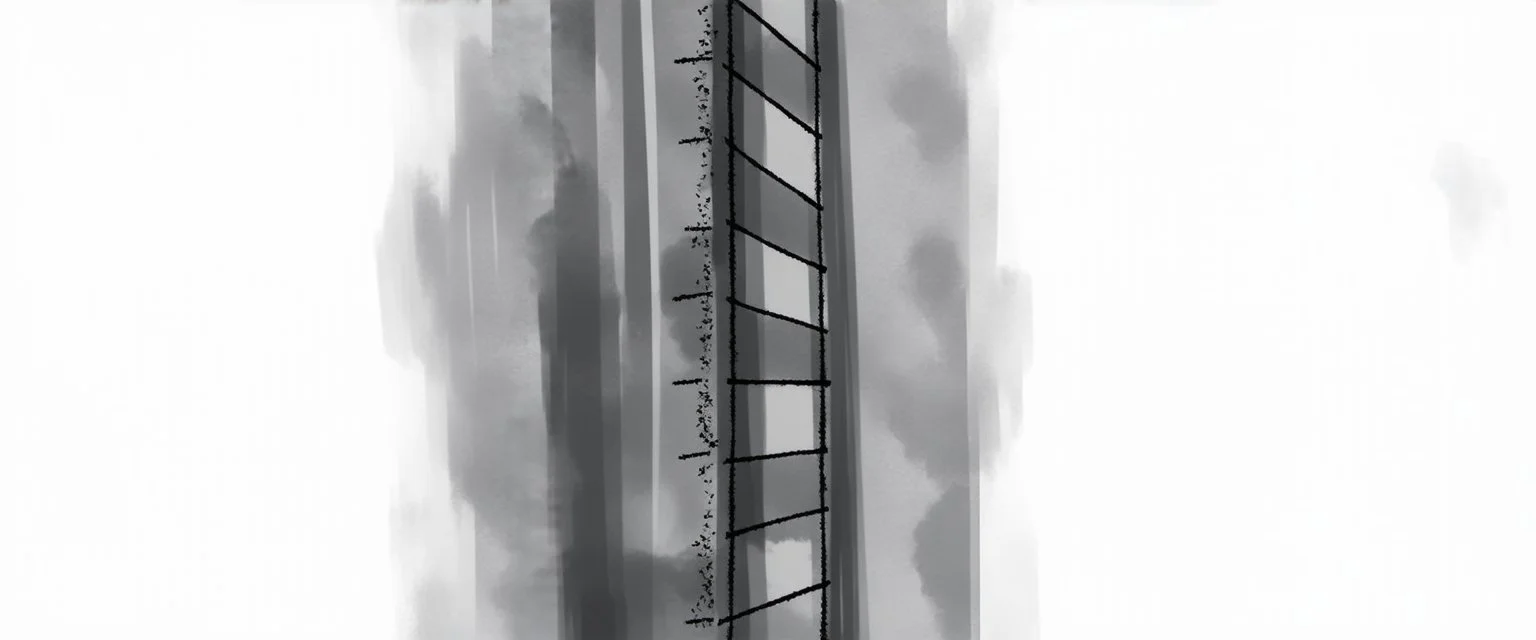 side of old western railway track, overcast sky, vignette children's book illustration