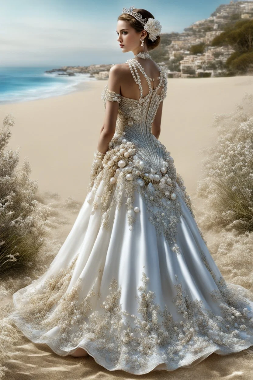 digital Photography art, beautiful woman dress shell rim, pearls, on a beautiful princess from Monaco. Sea, Sand. Photography Art, Realistic, hyperrealism, microdetail, ink, bioluminescence, flowers, herbs, thread beauty, dandy, volume, 3D, contrast, brightness.Art Botanical.Dolce & Gabbana.