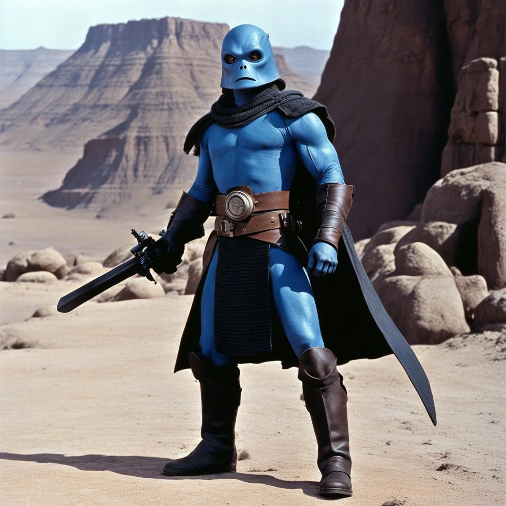 [high res photo of a movie by Ray Harryhausen] confident Hullabaloo Higitus Figitus Fantomas the blue alienin as a Wasteland Warrior, in leather outfit, he has incredible weapons