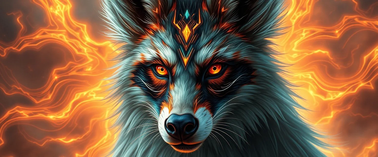 close up portrait of a plasma racoon fox horse king flickers like hypnotic fire in geometric shapes like a dna swirl of time and a fearsome planeswalker covered in powerful runes