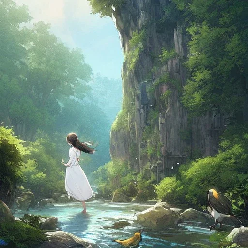 anime girl meditating, rock trees, birds, creek, meditation pose, girl wearing white dress, rear facing