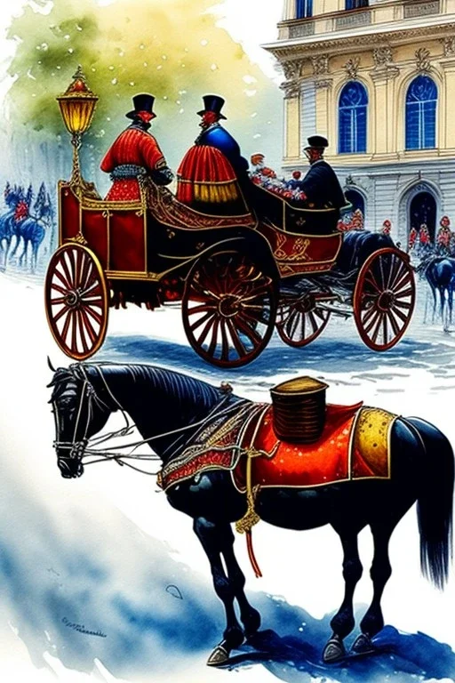 Fiacre, carriage with two horses in Vienna. Aquarell.