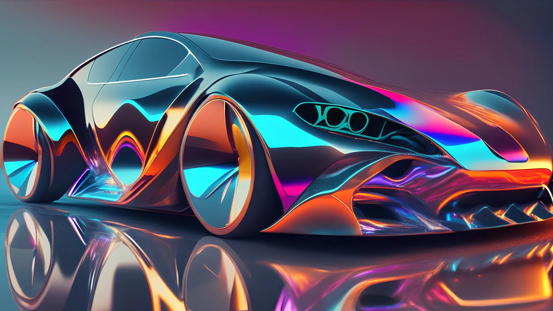 car full of glossy chrome, designed Сhris Labrooy, carbon fiber, fine details, tiny features, details, hires, 8GB, HD and surround lighting with abstract shades, ambient occlusion, backlight, centered camera, triad color scheme, tinted colors, colorful, ccc