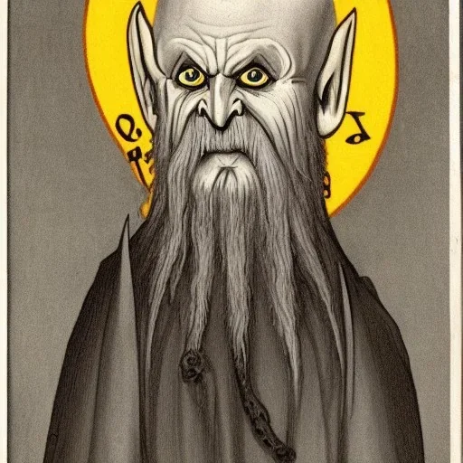 Nosferatu with four yellow eyes with fleshy tentacle hair beard grey skin and fangs as a Russian Orthodox