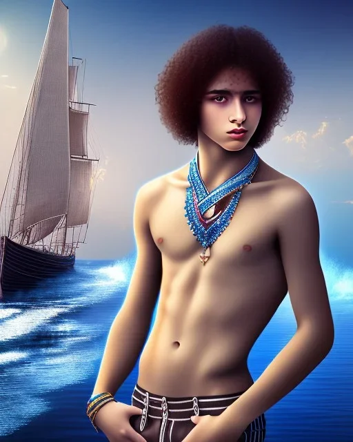 beautiful 12 year old arabic boy with long, curly hair and light blue eyes,shirtless, in front of a boat