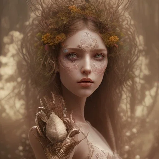 Portrait of beautiful girl, plant, metal, feathers, Dryad, fae, sidhe, ominous, nature, plants, wildflower, facepaint, dnd character portrait, intricate, oil on canvas, masterpiece, expert, insanely detailed, 4k resolution, retroanime style, cute big circular reflective eyes, cinematic smooth, intricate detail , soft smooth lighting, soft pastel colors, painted Renaissance style, 800mm lens