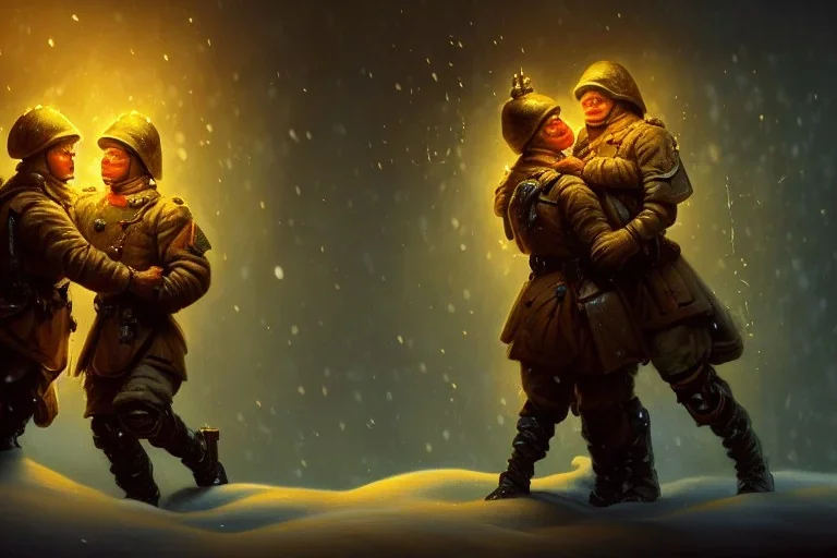 "close up on A ucrain soldier and Russian soldier hug each other in a beautiful house,Christmas tree,gift,Christmas gift, Christmas decorations,Christmas tree" 8k resolution concept art by Greg Rutkowski dynamic lighting hyperdetailed intricately detailed Splash art trending on Artstation triadic colors Unreal Engine 5 volumetric lighting Alphonse Mucha WLOP Jordan Grimmer orange and teal"