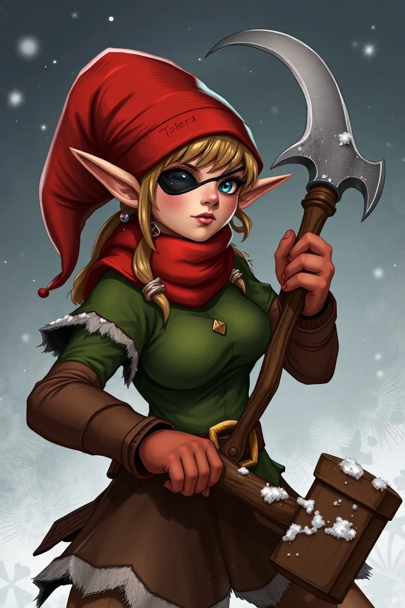 Female Christmas elf with an eye patch wielding a hammer and sickle