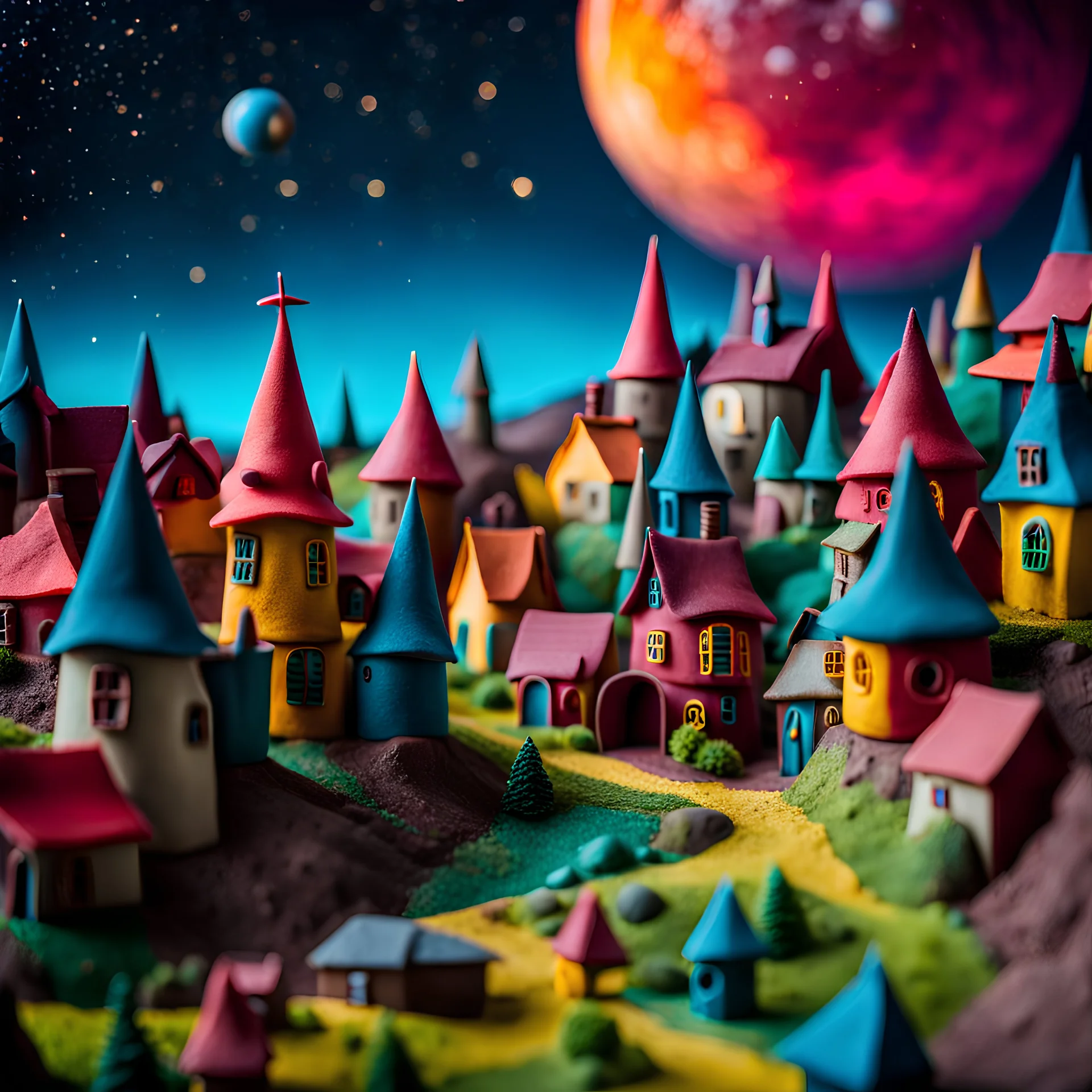 Odd dada village made of modeling clay, odd, block colours, houses, naïve, Tim Burton, Harry Potter, surreal landscape, sharp focus, colorful, stars and planets, bokeh, 8k, highly detailed, large format film, medium format film, shot on Hasselblad