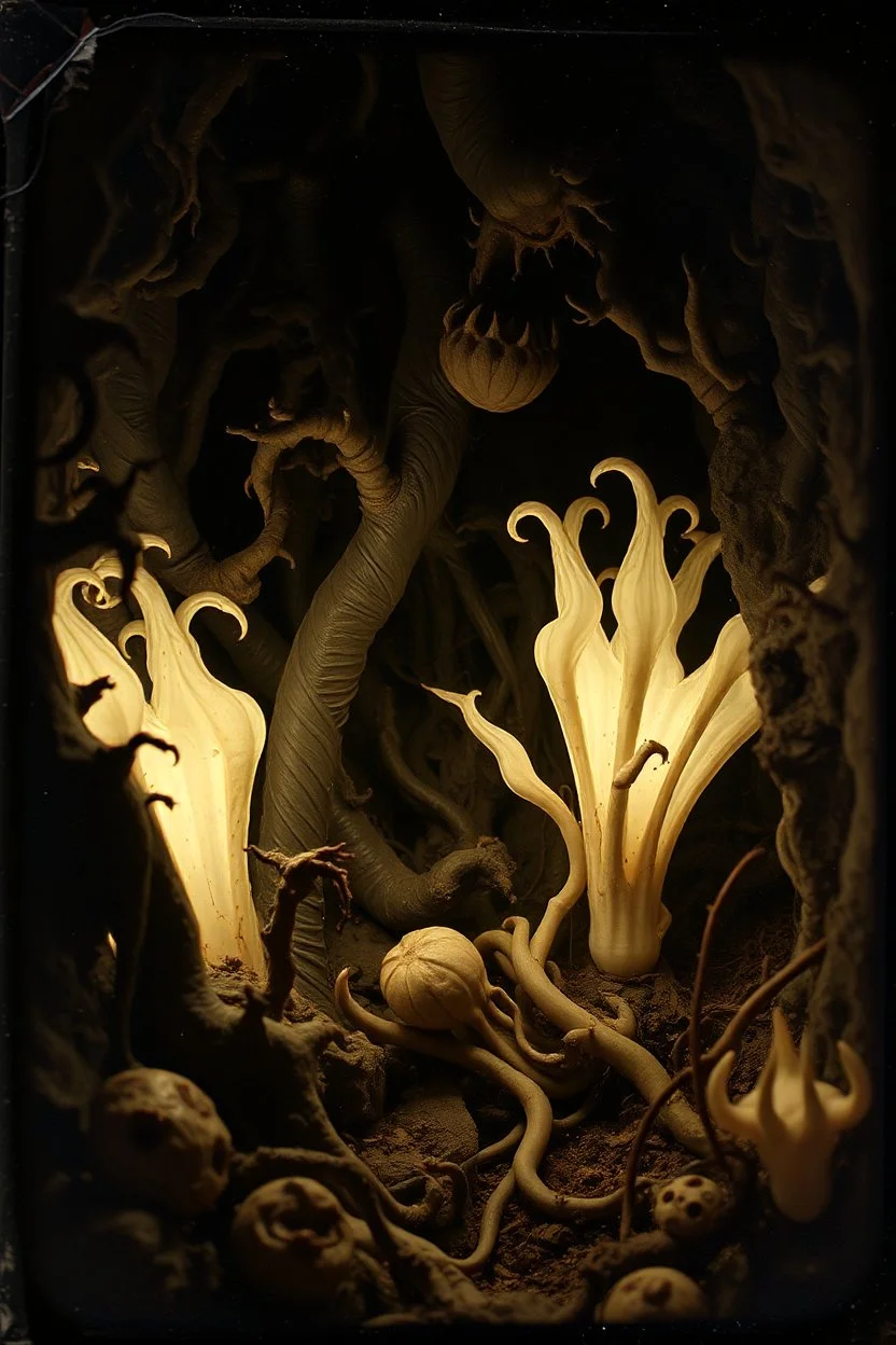 A daguerreotype-style close-up image of a surreal background inspired by Hieronymus Bosch and Max Ernst, featuring twisted organic forms, decaying botanical elements, and strange vegetal growths that seem to pulse with unnatural life. The entire scene is bathed in soft, ambient lighting that creates an otherworldly atmosphere, with areas of deep shadow contrasting against the pale, spectral glow of the figures.