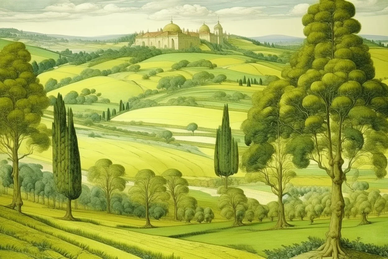 A pale greenish yellow kingdom near a farmland painted by Michelangelo di Lodovico Buonarroti Simoni