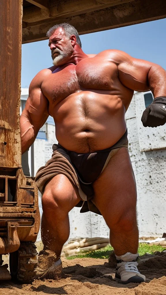 close up photography of a 58-year-old Italian man , strong burly chubby sweat, maneuvers a large excavator in the sun, shirtless and white boxer, opened big legs, big belly, short beard, ambient occlusion, frontal view, 4k,