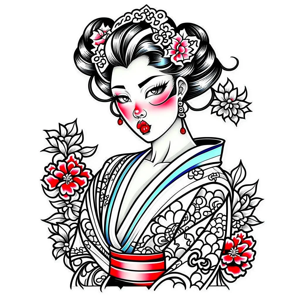 Tatto design Neotraditional style , Geisha with a Cherry Blossom Kimono, white background, tatto style, front view, black ink