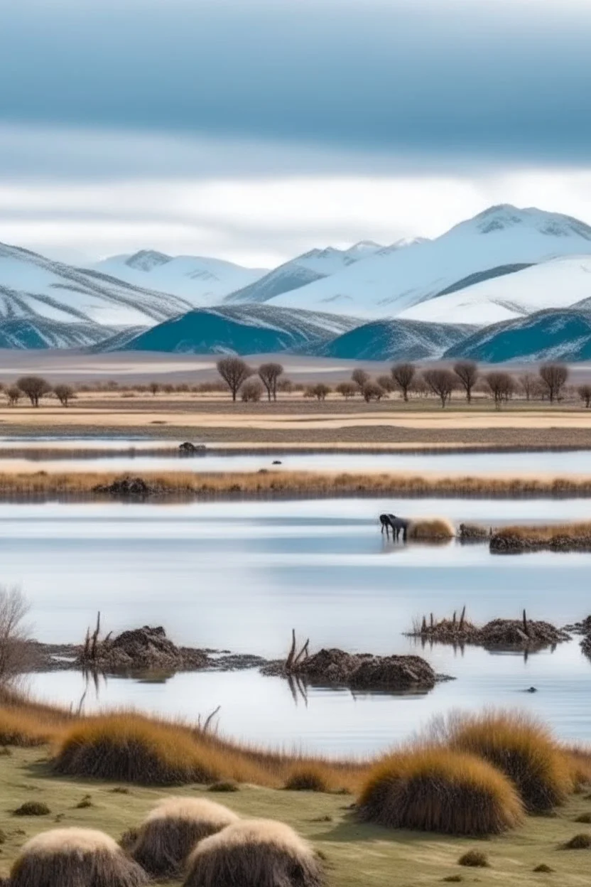 paisaje del sur argentino, con lago, día frio y nevado, incluyendo animales autóctonos.