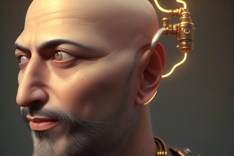 portrait of a bald Atul Bhardwaj, steampunk, brown eyes, no facial hair, steampunk, unreal 5, octane render, cinema4d, dynamic lighting, soft lighting, 4k, redshift render, highly detailed, hyper realistic