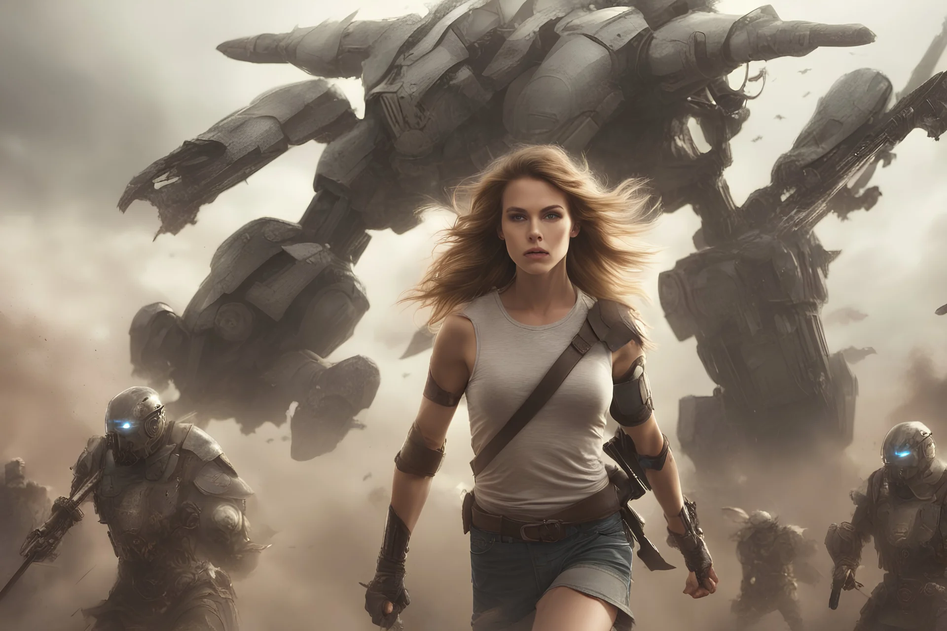 Warrior girl running to attack robot army, photo real