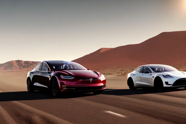 A Tesla 'Model S' is racing at top speed, in the Mojave Desert. (CINEMATIC, WIDE ANGLE LENS, PHOTO REAL)