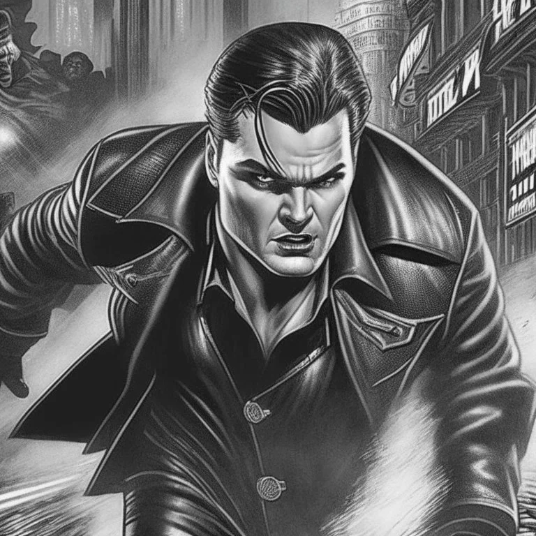 Sincity comic, siberian comunist, a vampire running. Closeup.