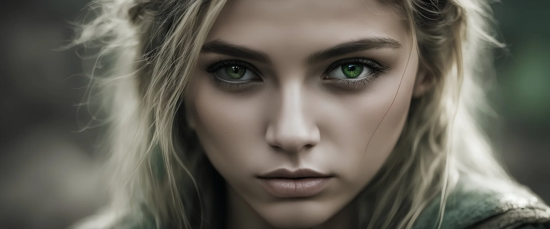 Photoreal gorgeous shot of beautiful girl with one gold eye and one green eye, warrior, strong, sad, resilient, full body, forgotten realms fantasy style by lee jeffries, otherworldly creature, in the style of fantasy movies, shot on Hasselblad h6d-400c, zeiss prime lens, bokeh like f/0.8, tilt-shift lens, 8k, high detail, smooth render, unreal engine 5, cinema 4d, HDR, dust effect, vivid colors