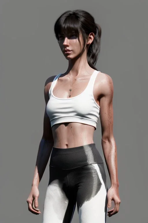 Ultra Realistic image, 25 years old brunette woman, Madrid, portrait, small stature, small chest, yakuza body tattoo, white broken cotton short undershirt, black latex legging, vibrant color, highly detailed, art stations, concept art, smooth, unreal engine 5, god rays, ray tracing, RTX, lumen lighting, ultra detail, volumetric lighting.