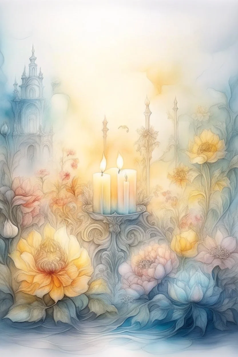 magic Watercolor, color, flowers, candles, purification from ghosts, subtle black ink drawing, several landscapes, collage, fog, many details,delicate sensuality, realistic, high quality,3d, work of art, hyperdetalization, professionally, filigree, hazy haze, hyperrealism, professionally, transparent, delicate pastel tones, backlight from behind, contrast, fantastic, fabulous, unreal, translucent, glowing,clear lines, horror,epic, hyperrealism.