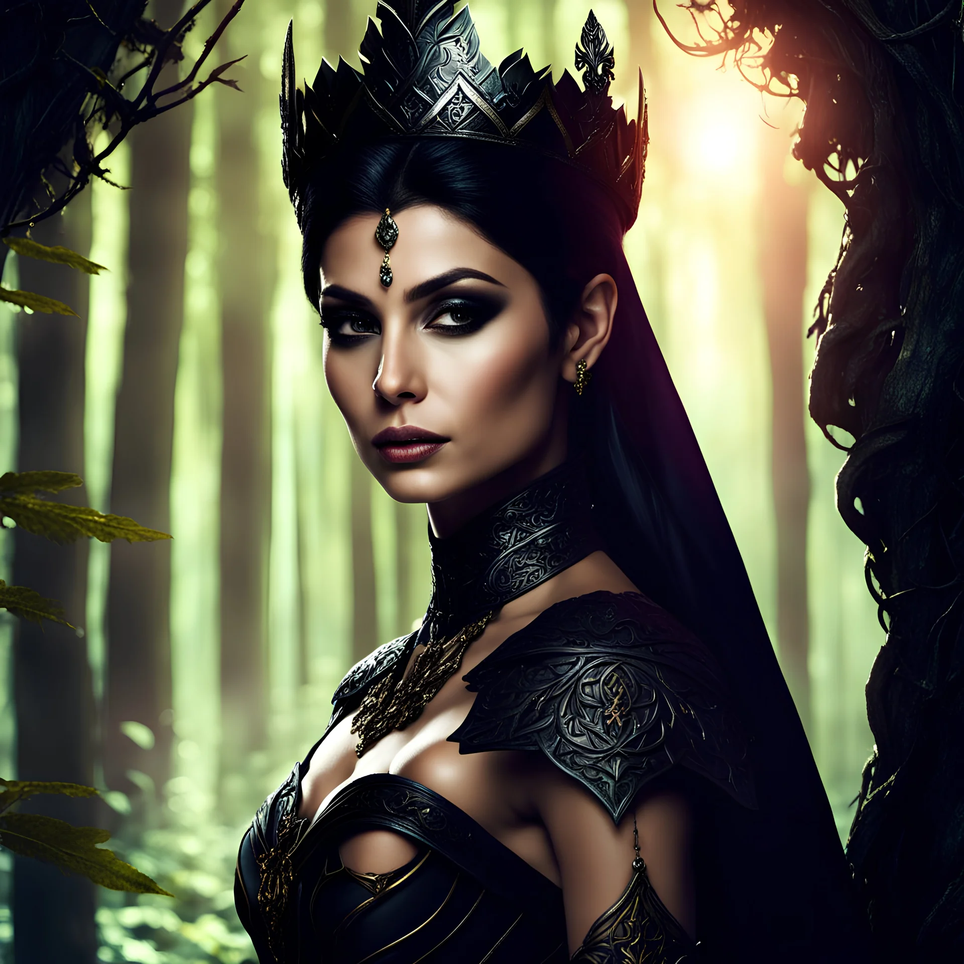 Morena Baccarin as a beautiful sexy dark elf queen seated elegantly on a throne in a mystical forest, dark celtic vignette frame, photo-realistic, cinematic lighting, award-winning photography