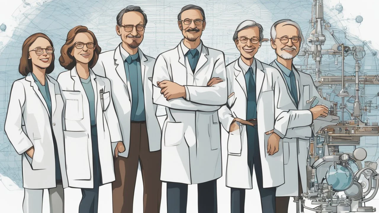 The image depicts a group of pioneering scientists standing together against a modern scientific backdrop. The scientists are dressed professionally and exhibit enthusiastic smiles. The image showcases intricate details of modern scientific and technological tools in the background, indicating the advancement of technology and science. The image conveys a message of inspiration and ambition to change the world through scientific research and innovative technology.
