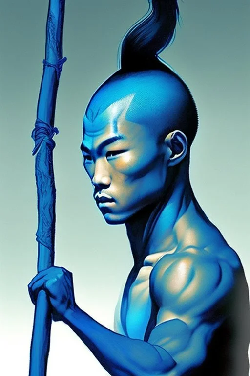 A young male water genasi with deep blue skin color, water shape hair on head. Shaolin monk with long stick weapon, kung fu master, martial art