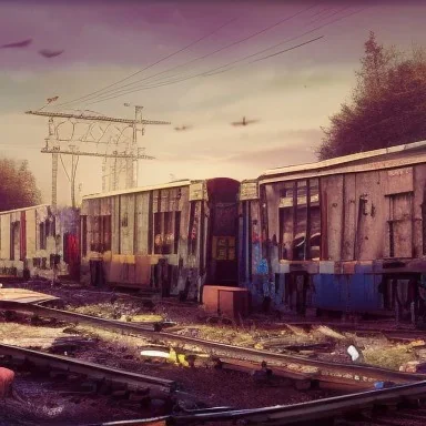 Two train cars on a junkyard, deviantart, Photorealistic, vivid colors, polychromatic, geometric, filmic, complex, Photography, Nikon D850, HDR, 64 megapixels, IMAX, Terragen 4.0, 8k resolution