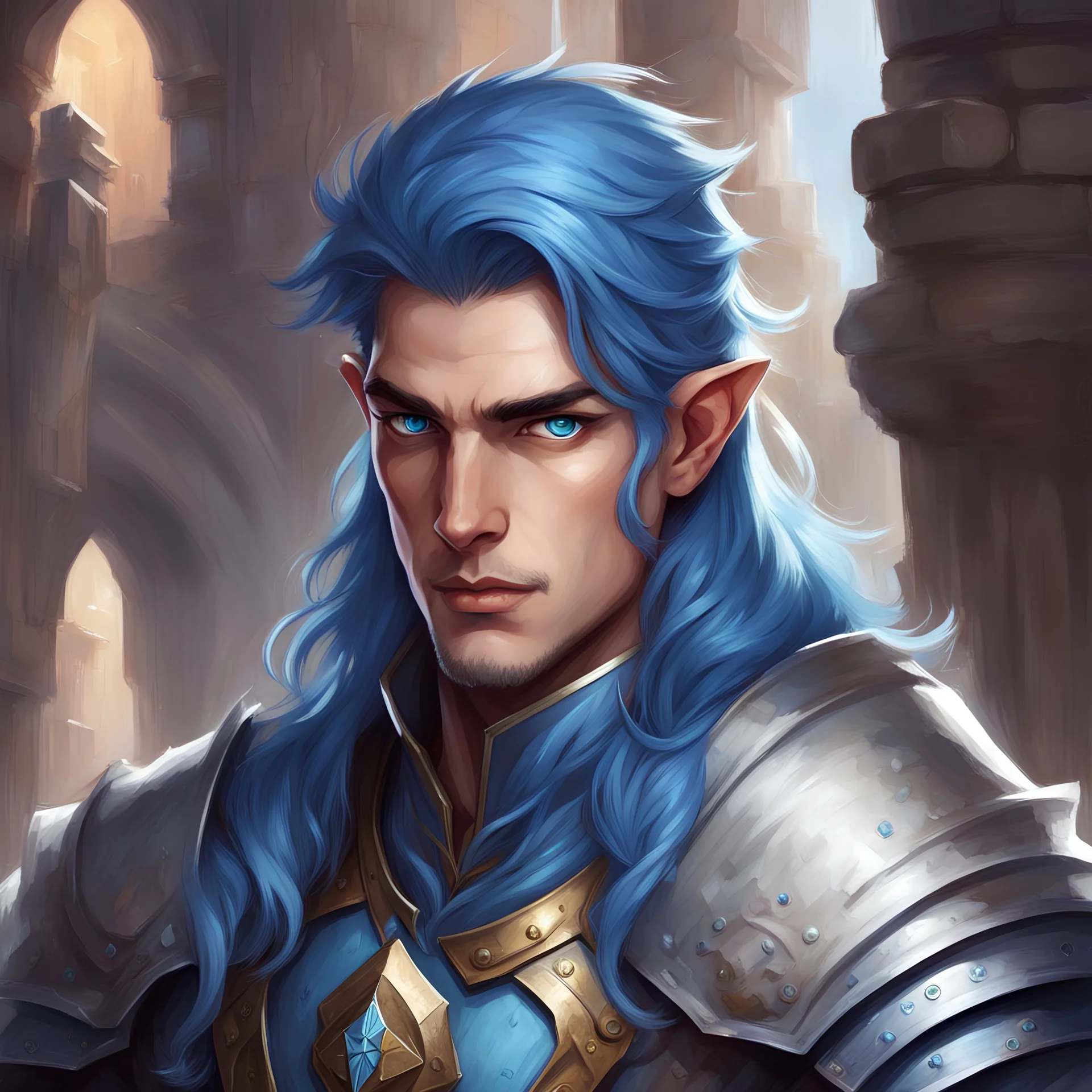 dungeons & dragons; portrait; human; male; paladin; blue hair; blue eyes