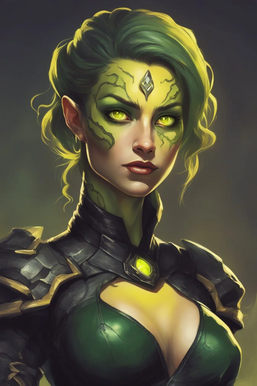 a female humanoid with the face of a snake, dungeons and dragons, wearing a black leather armor, green scales, yellow eyes