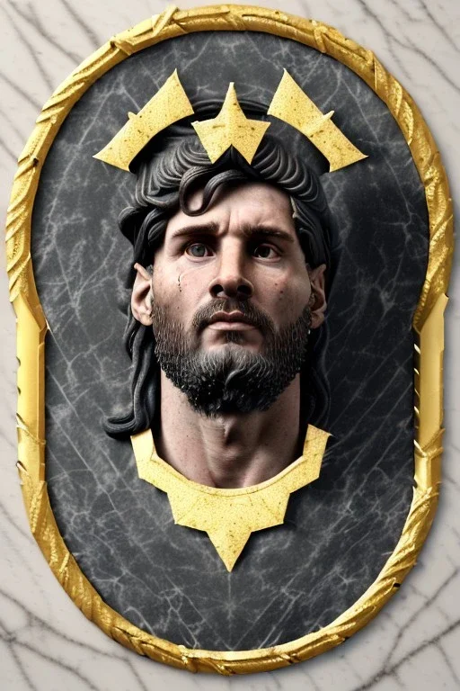 Ultra Realistic image, Roman sculpture, white marble material, Lionel Messi, gold Laurel leaves wreath, renaissance ornaments, radial gold lines, one gold star in heart, radial wave lines ornament, geometric ornaments, blue marble background, chisel style, waist up portrait, emperor style, epic, celestial, cinematic lighting, God light, god rays, 4k resolution, smooth details, ornate details, soft lighting, unreal engine 5, art station, substance 3d.