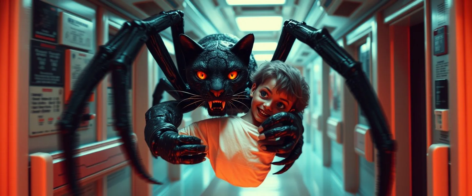 gritty air brush 3d with pen outline, vampire space loab spider panther cat holding a human in its grip, pin hole cam in doll house space ship hospital corridor, in the style of HR GIGER, ESCHER, motion blur background