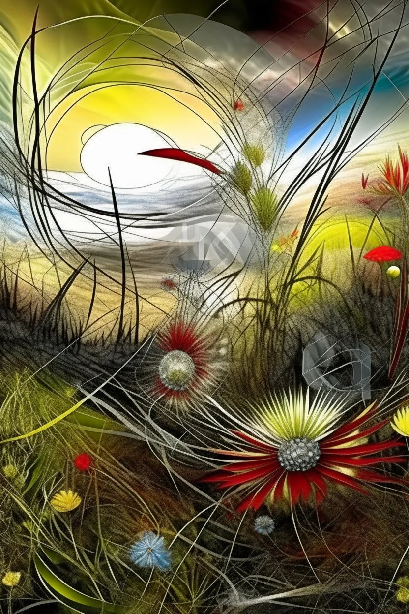 mysterious multi-layered and multidimensional structure,the sun, grasses, strange sky, trees, unusual flowers, intricate, extraordinarily beautiful landscape,fractal, surreal, careful drawing of details, clear contour, photorealism, botanical style, path, pale black, grey, light green, dark blue, red, yellow, mother-of-pearl luster, curls, swirls, smoke, beautiful, realistic, soft lighting, high resolution, high detail, masterpiece,ISO 1000.5 d,1024k