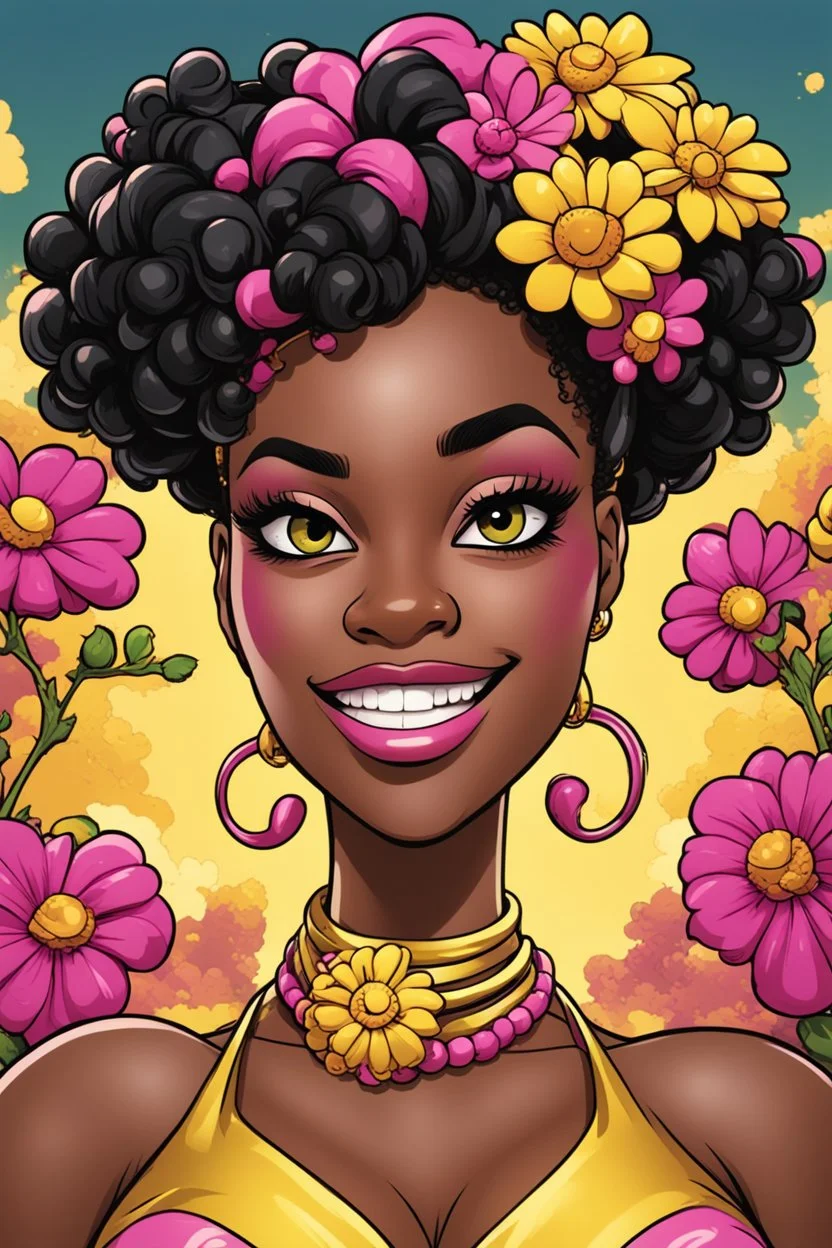 Create a comic book cartoon art style of a curvy black female looking to the side with a smile on her face. Prominent makeup with hazel eyes. Highly detailed Bantu knots with bright yellow and pink flowers surrounding her. 2k