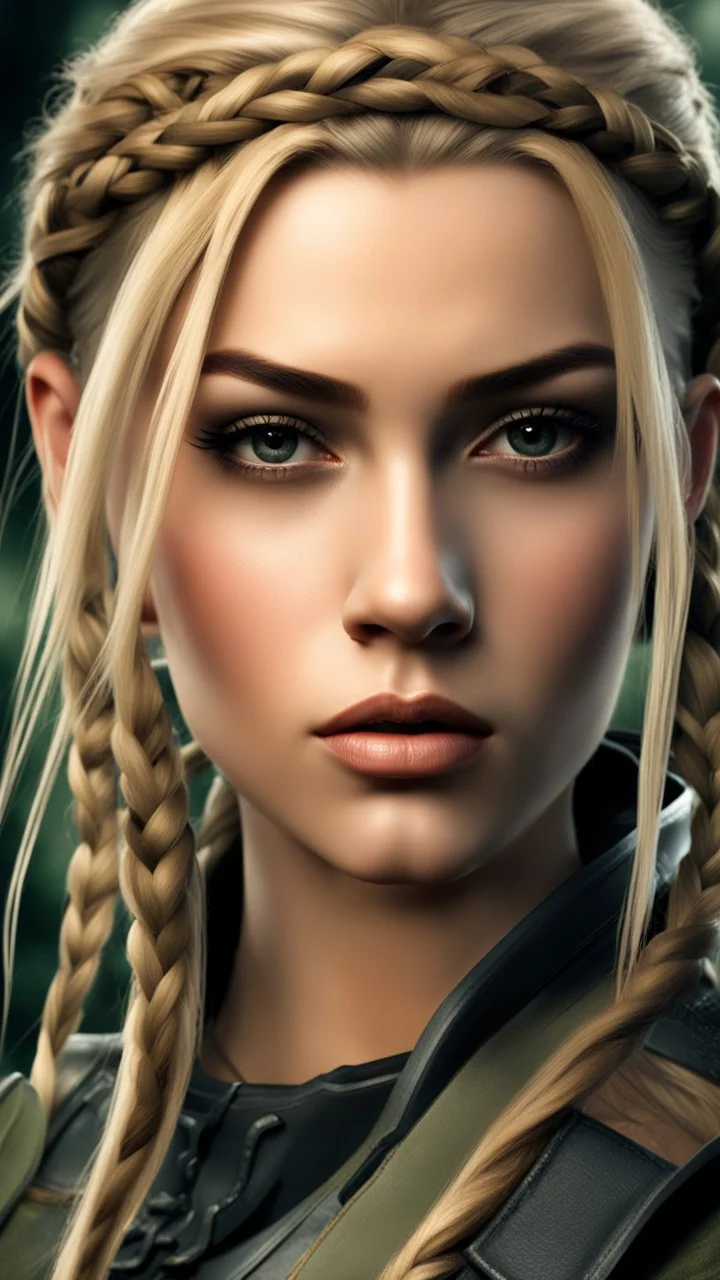 photorealistic hyperdetailed portait of an 18-year-old female as mercenary with long blonde and undercut hair with braids, tribal tattoos wearing modern mercenary uniform dark fantasy forest backdrop