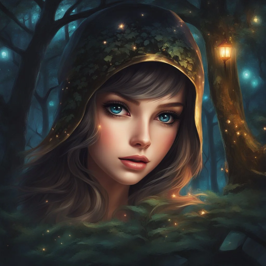 Painting of a beautiful girl, beautiful, haunted forest, pretty face, young girl, fantasy art, anime portrait, barbie face, big eyes, bright eyes, dream, trees, forest, dark night, song, glitters background, fantasy, high quality, 8k